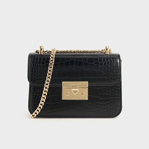 Túi Đeo Chéo Charles & Keith Croc-Effect Chain Strap Crossbody Bag Màu Đen [ CK2-80700998-4 ]
