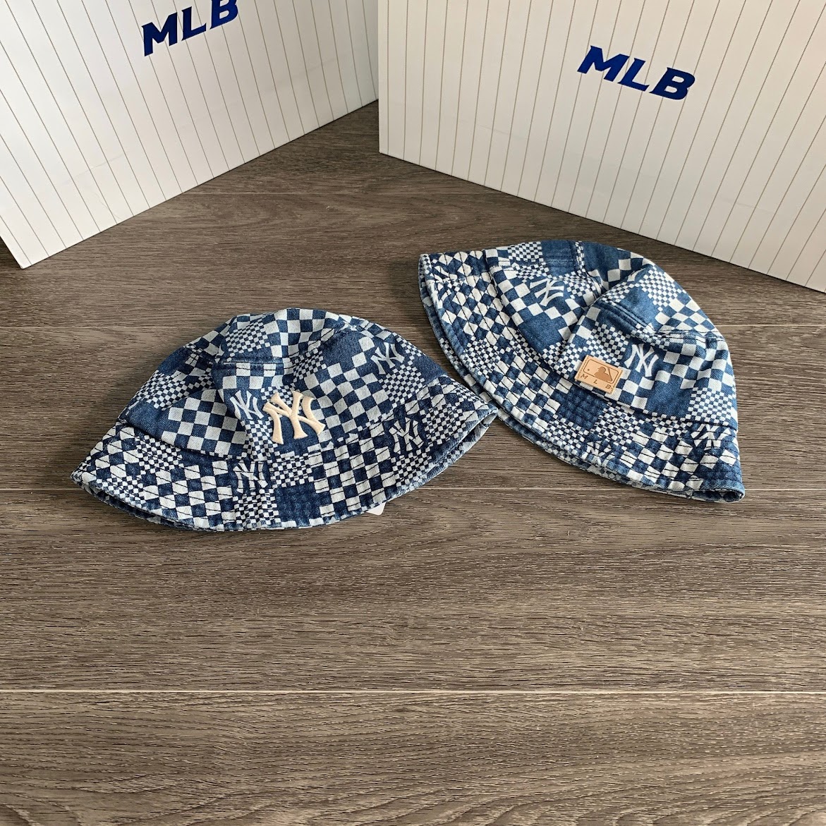 Mũ MLB Bucket Hat Checkerboard Denim NY Xanh Đậm 3AHT8602N-50BLS