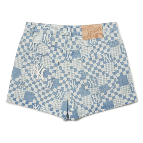 Quần Shorts MLB  Checkerboard Laser Print Denim NY Yankees Xanh Nhạt [3FDPM0123 50BLL]