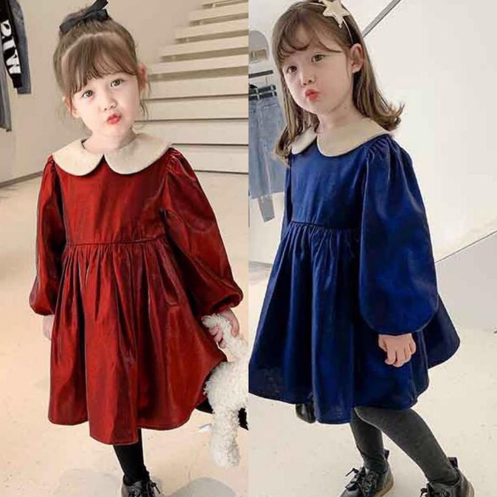 Váy babydoll nhung đỏ đính nơ dáng ngắn cho bé gái 8-18kg