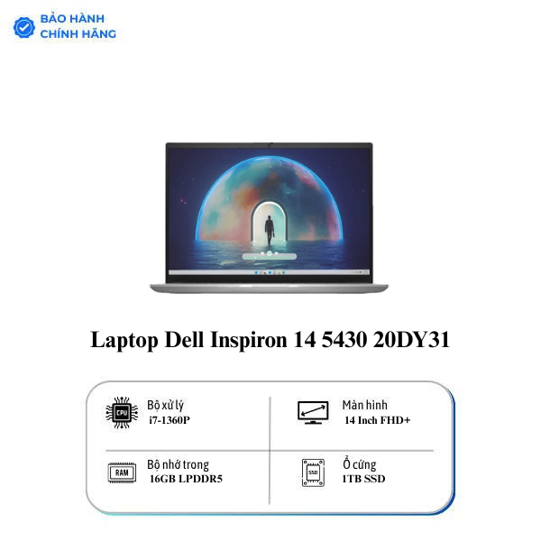 Laptop Dell Inspiron 14 5430 20DY31 (i7-1360P, Iris Xe Graphics, Ram 16GB LPDDR5, SSD 1TB, 14 Inch FHD+, Win11/Office HS 21)