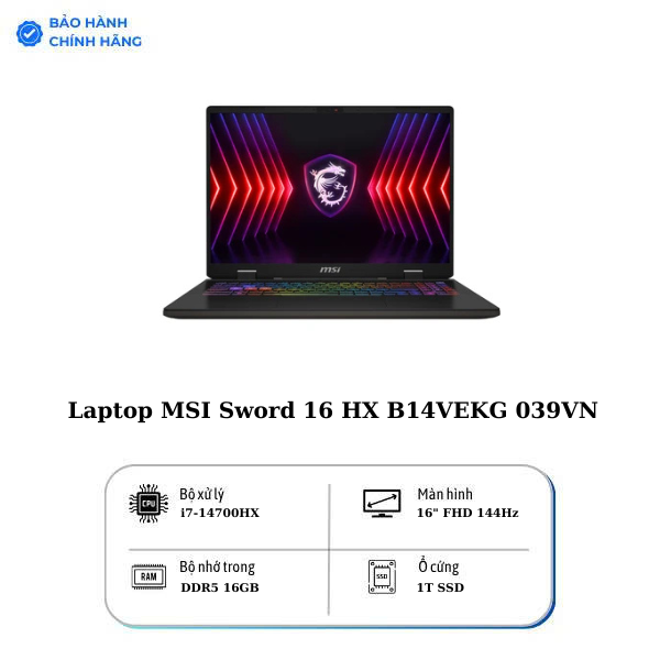 Laptop MSI Sword 16 HX B14VEKG 039VN | CPU i7-14700HX | RAM 16GB DDR5 | SSD 1TB PCle | VGA RTX 4050 6GB | 16.0 FHD+ IPS & 144Hz | Win11