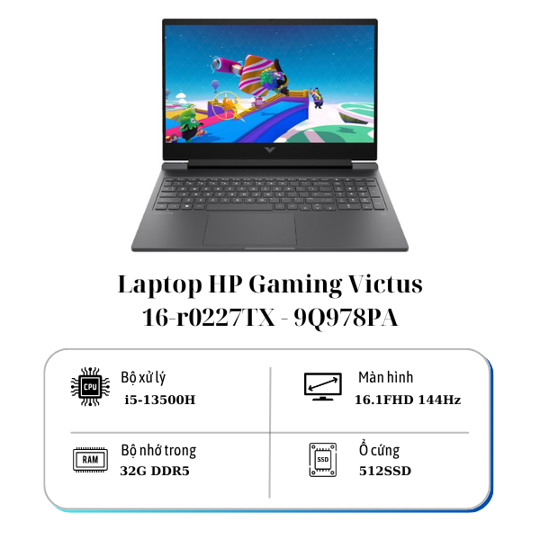 Laptop HP Gaming Victus 16-r0227TX - 9Q978PA (i5 13500H/ 32GB/ 512GB SSD/ RTX 4060 8GB/ 16.1 inch FHD/ 144Hz/ Win11/ Black)