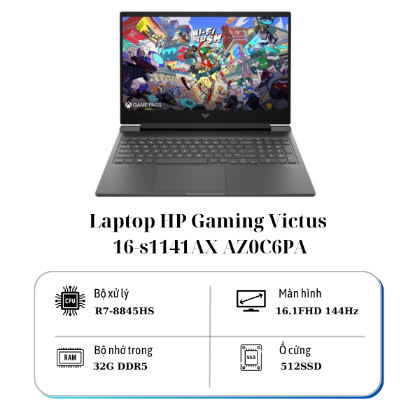 Laptop HP Gaming Victus 16-s1141AX AZ0C6PA (R7-8845HS/ Ram 32GB/ SSD 512GB/ RTX 4060 8GB/ Windows 11 Home/ 1Y/ Đen)