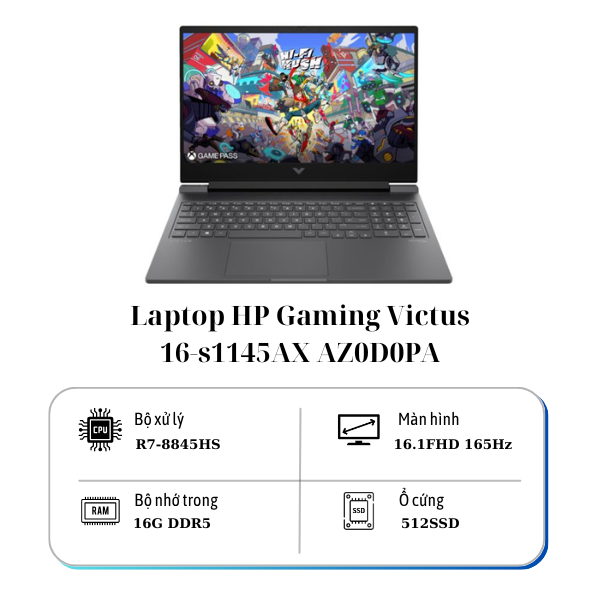 Laptop HP Gaming Victus 16-s1145AX AZ0D0PA (Ryzen 7 8845HS | 16GB | 512GB | RTX4050 6GB | 16.1inch FHD | 165Hz | Win11 | Đen)