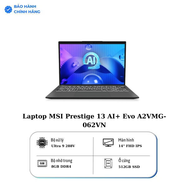 Laptop MSI Prestige 13 AI+ Evo A2VMG-062VN (Ultra 9 288V/ 32GB/ 1TB SSD/ 13.3 inch 2.8K/ Win11/ Xám/ Vỏ nhôm/ Túi)