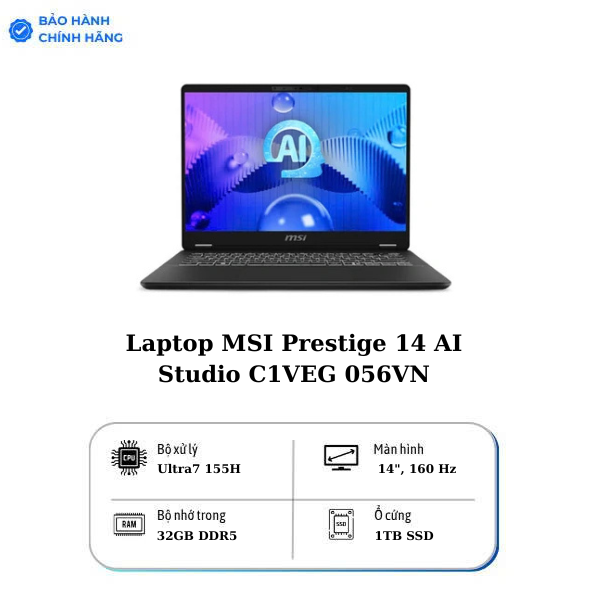 Laptop MSI Prestige 14 AI Studio C1VEG 056VN (Intel Core Ultra 7 155H | RTX 4050 6GB | 14 inch 2K8 144Hz | 32GB | 1TB | Win 11 | Đen)