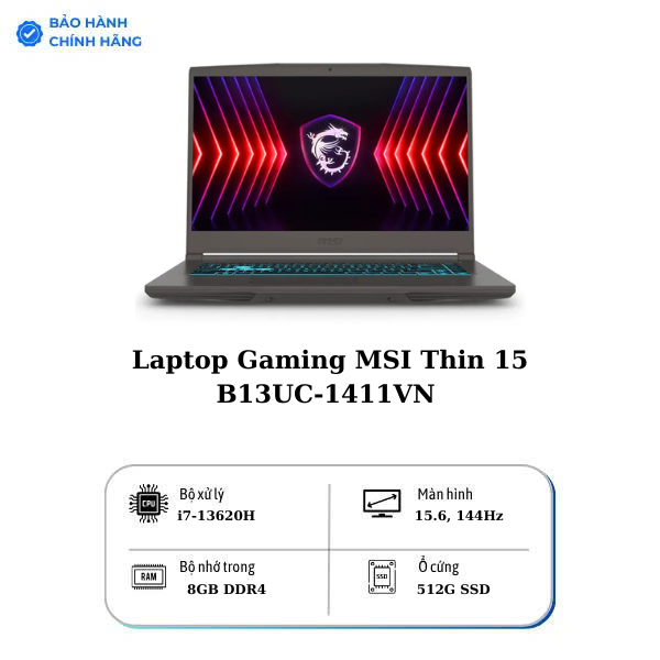 Laptop Gaming MSI Thin 15 B13UC-1411VN (i7-13620H, RTX 3050 4GB, RAM 8GB DDR4, SSD 512GB, 15.6 Inch IPS FHD 144Hz)