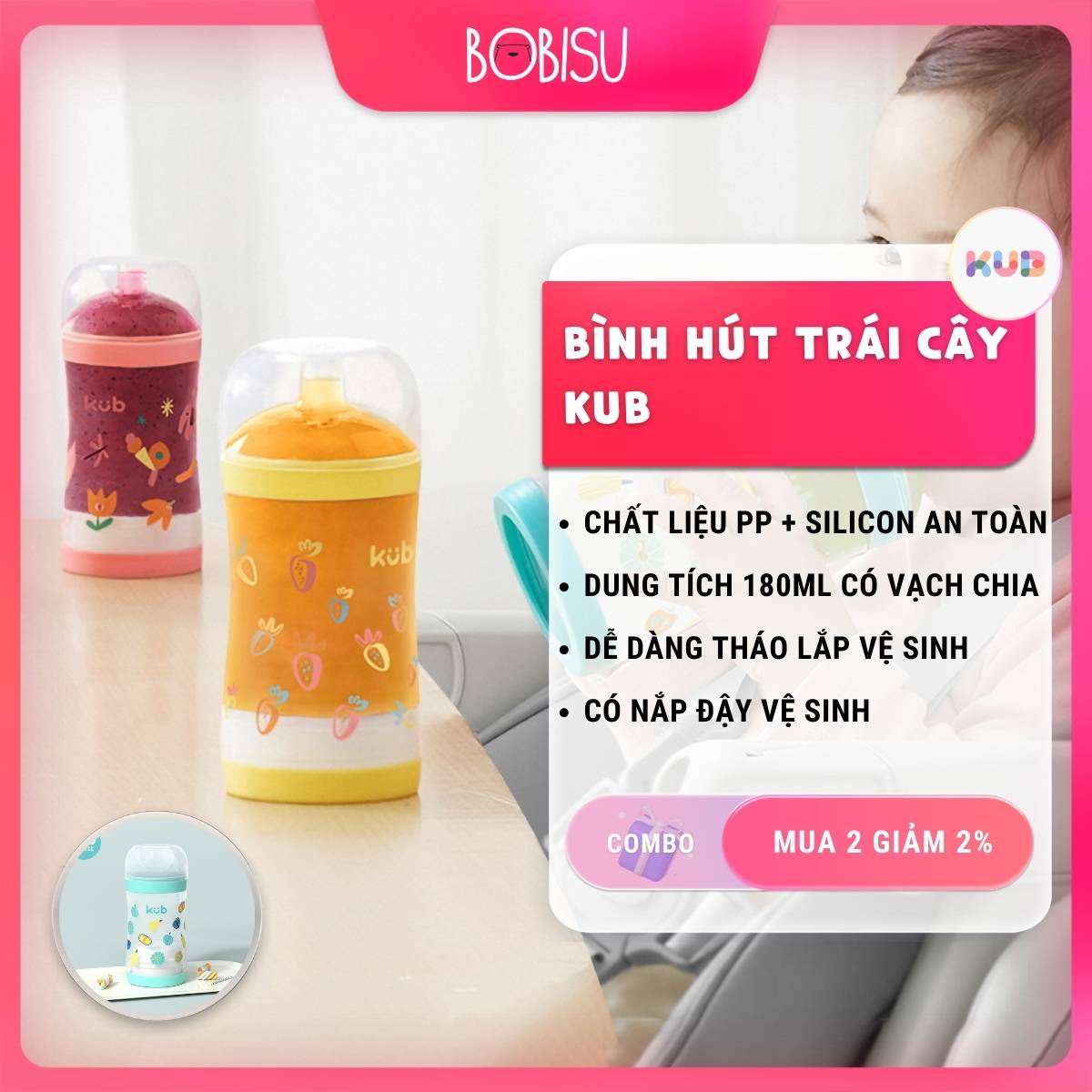 KUB | Bình Tập Uống Nước Cho Bé Hút Trái Cây Ăn Dặm 180ml