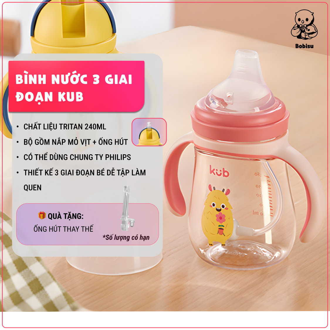 KUB | Bình Nước Chống Sặc Cho Bé 240ml Làm Từ Nhựa Tritan Và PPSU An Toàn [Tặng Ống Hút Thay Thế Tiện Lợi]
