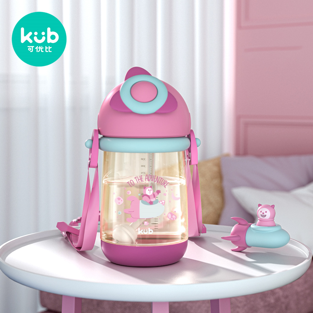 KUB | Bình Nước Chống Sặc Cho Bé 1 Tuổi Có Dây Đeo, Nhựa PPSU An Toàn 360ml [Tặng Ống Hút Sơ Cua]
