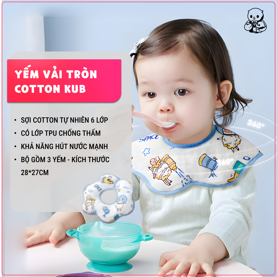 KUB | Yếm Cho Bé Ăn Dặm, Vải Tròn Cotton Tự Nhiên 6 Lớp Chống Thấm Ra Áo [Bộ 3 Khăn Yếm Tiện Dụng]