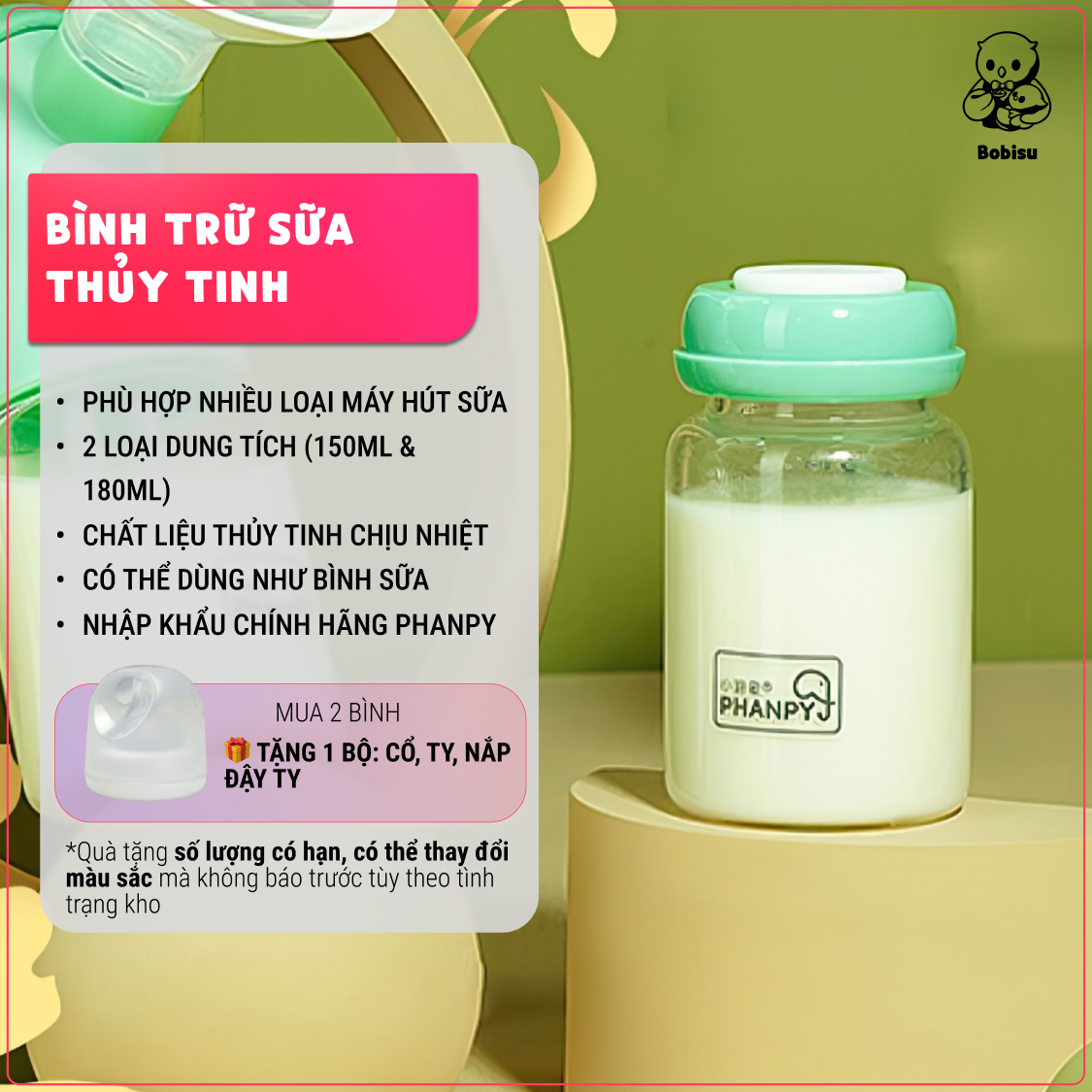 PHANPY | Bình Trữ Sữa Thủy Tinh Cao Cấp [Mua 1 Bộ Bình Tặng Ty, 1 Bộ Gồm 2 Bình Tiện Dụng]