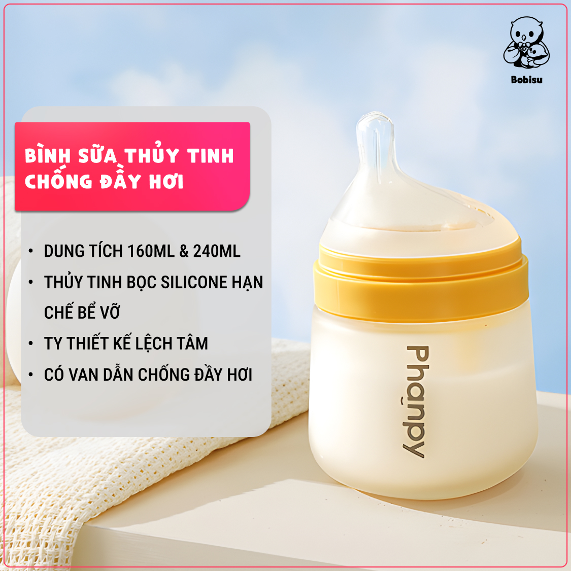 PHANPY | Bình Sữa Thủy Tinh Chống Đầy Hơi Bọc Silicone Dung Tích 160ml - 240ml