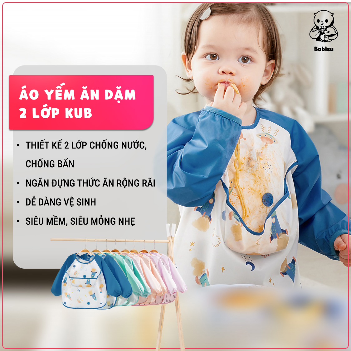 KUB | Áo Yếm Ăn Dặm 2 Lớp Chống Thấm Cho Bé 80-90cm