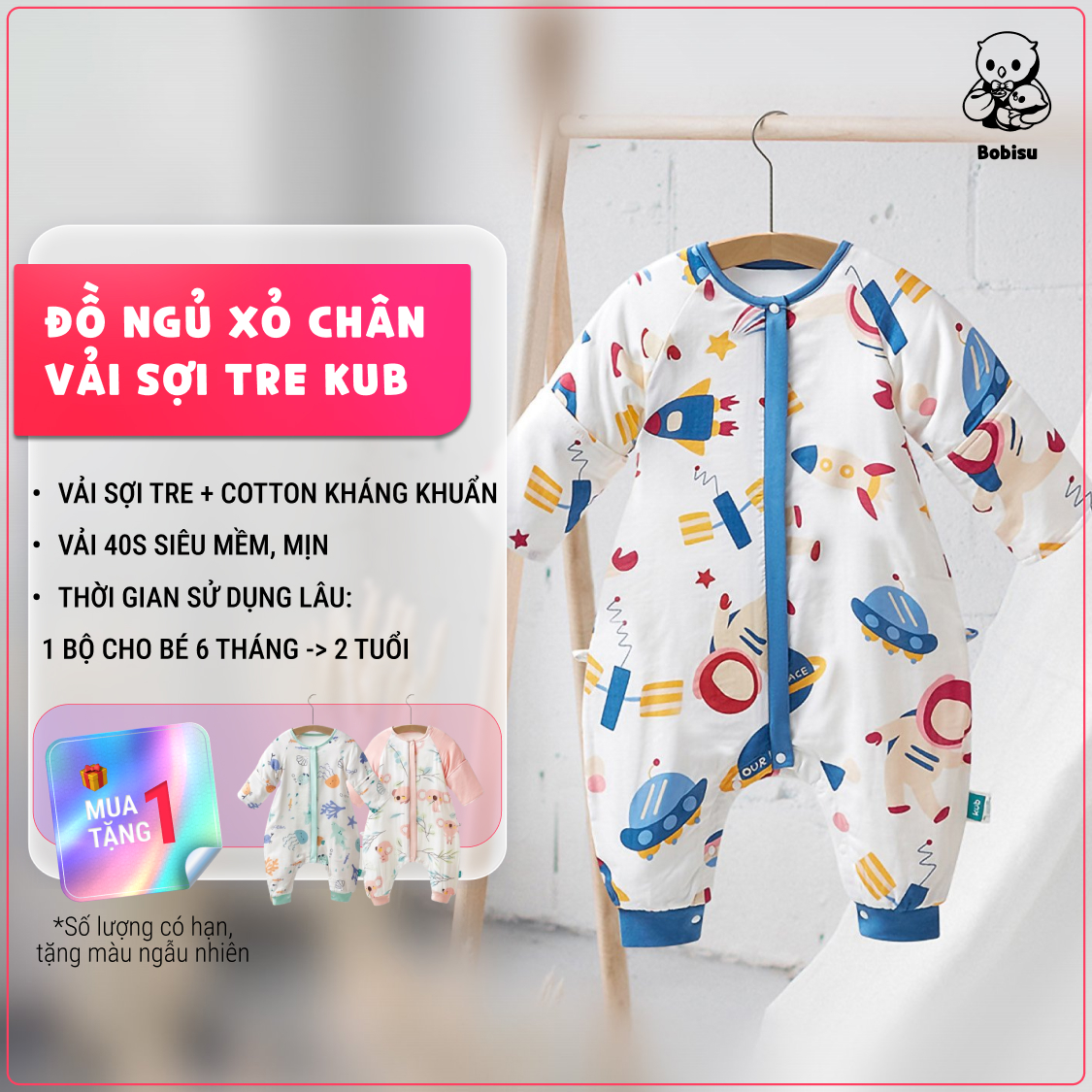 KUB | Đồ Ngủ Liền Thân Điều Hòa Bằng Vải Sợi Tre 2 Lớp Mềm Mại, Mát Mẻ, Dùng Cho Bé Từ Nhỏ Đến Lớn