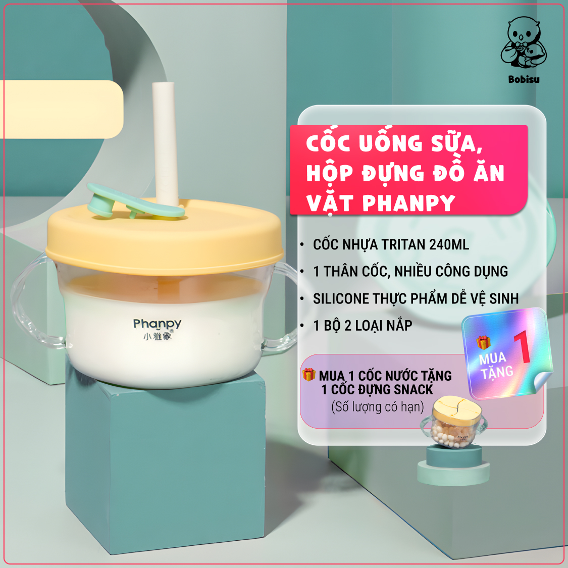 PHANPY | Cốc Nước Thông Minh Kiêm Hộp Đựng Đồ Ăn Vặt Bằng Nhựa TRITAN 240ml Cho Bé [Mua 1 Cốc Nước Tặng 1 Cốc Snack]
