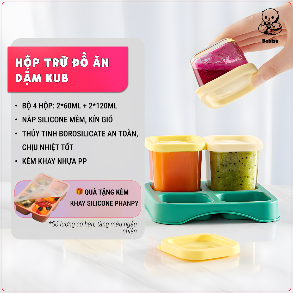 KUB | Bộ 4 Hộp Đựng Đồ Ăn Dặm Bằng Thủy Tinh (2x60ml + 2x120ml) Kèm Khay [Tặng Khay Silicon KUB]