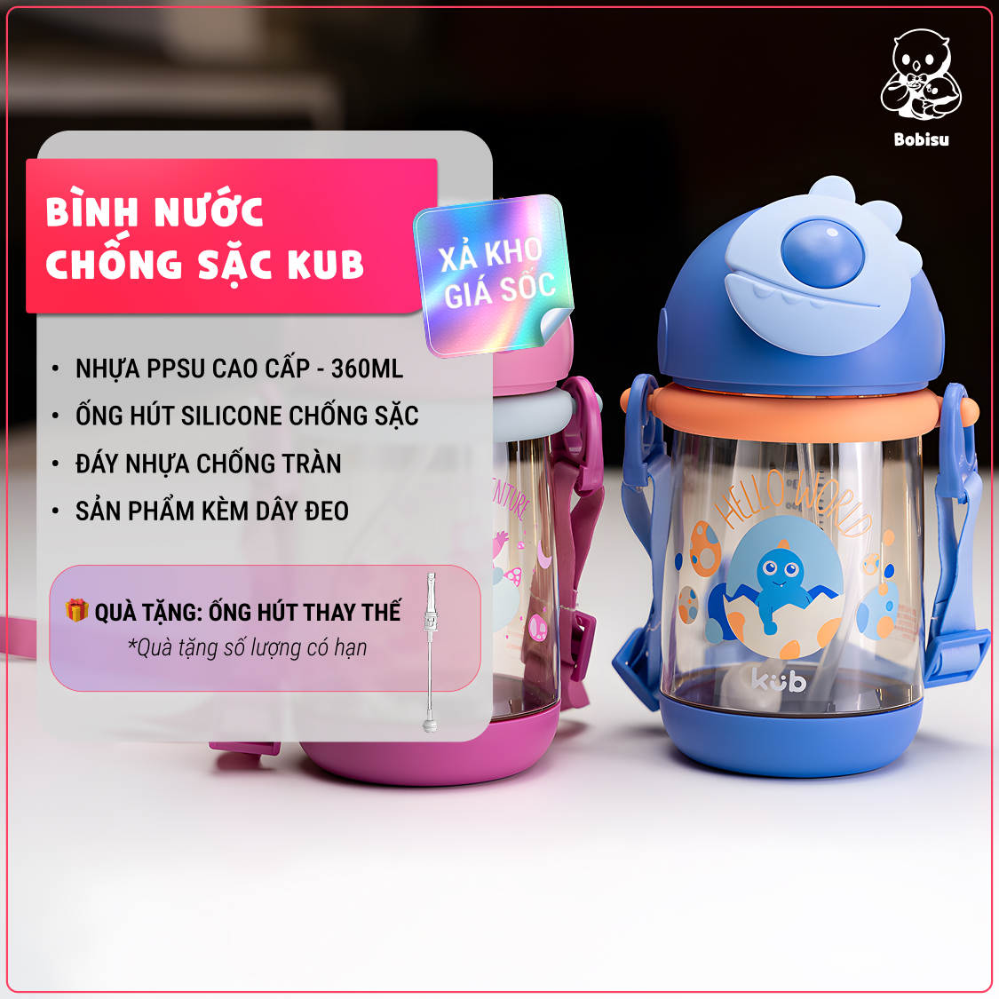 KUB | Bình Nước Chống Sặc Cho Bé 1 Tuổi Có Dây Đeo, Nhựa PPSU An Toàn 360ml [Tặng Ống Hút Sơ Cua]