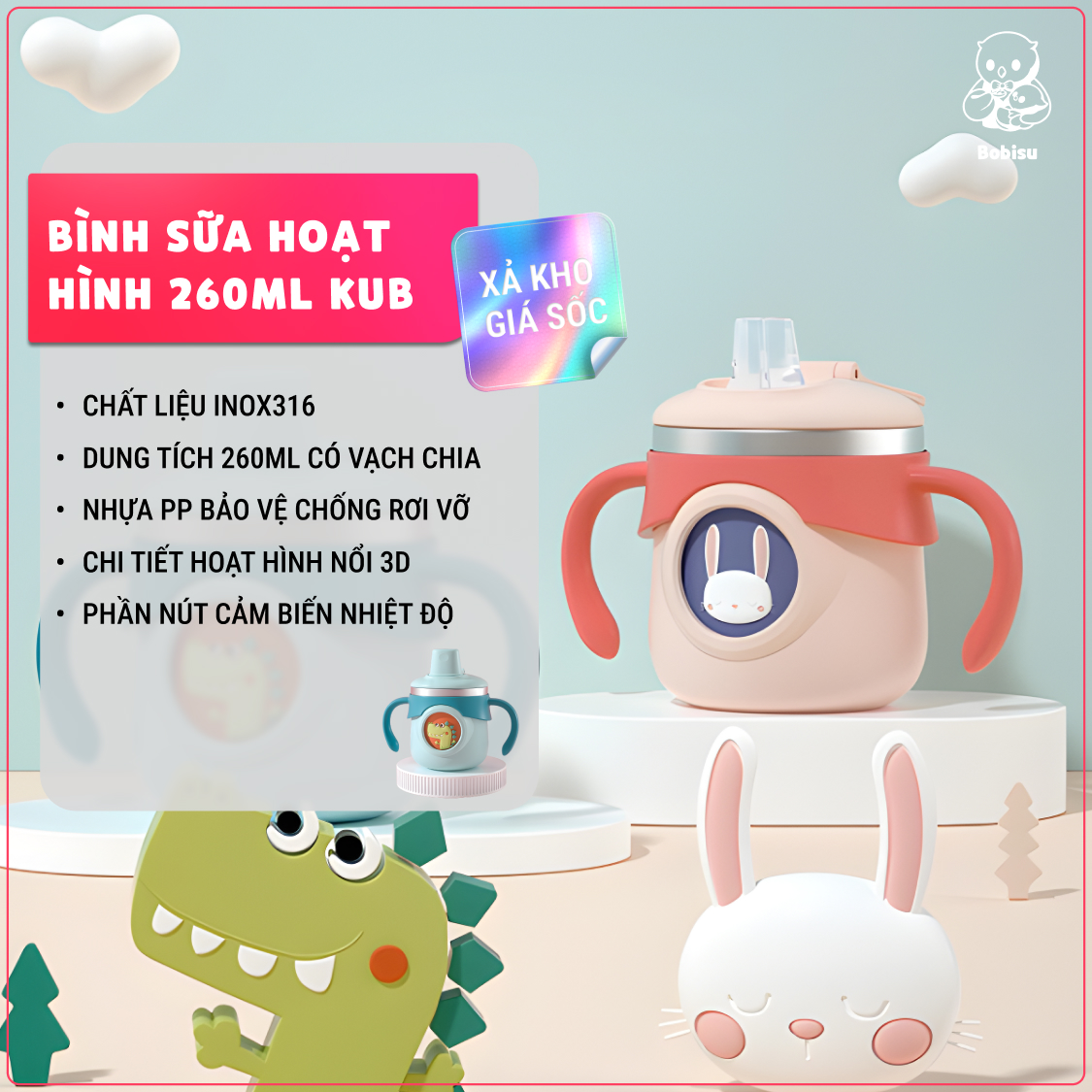 KUB | Bình Sữa Inox Cho Bé Với Hình Hoạt Hình 3D Ngộ Nghĩnh, 260ml Inox 316 An Toàn