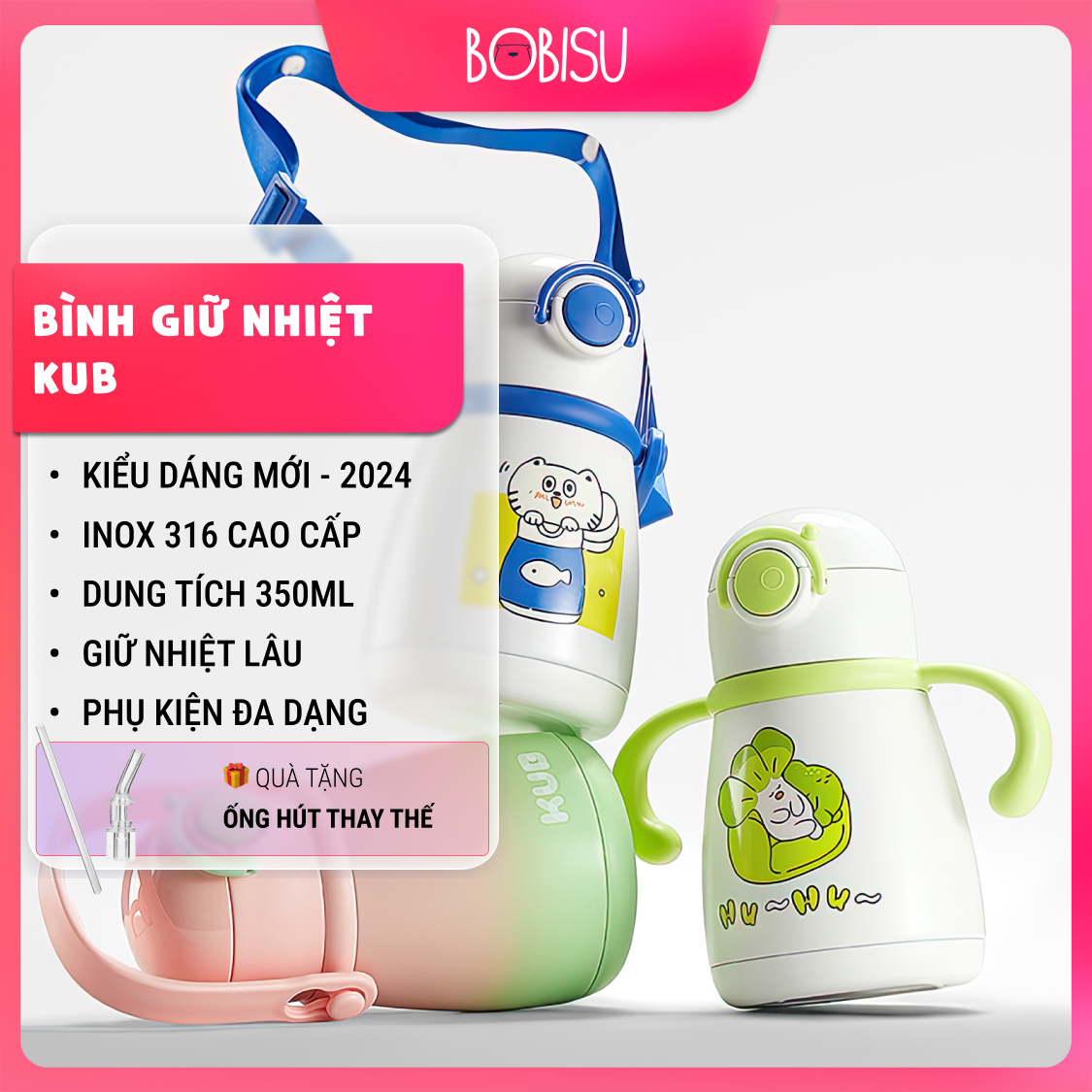 KUB | Bình Giữ Nhiệt Cho Bé 350ml Inox 316 Cao Cấp, Phụ Kiện Đa Dạng, Mẫu Mới 2024 [Tặng Ống Hút Thay Thế]