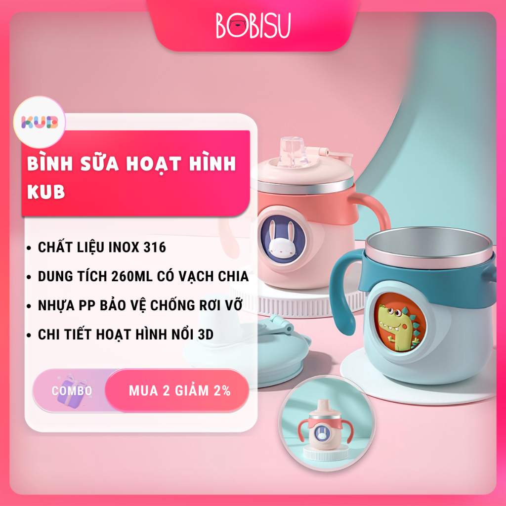 KUB | Bình Sữa Inox Cho Bé Với Hình Hoạt Hình 3D Ngộ Nghĩnh, 260ml Inox 316 An Toàn