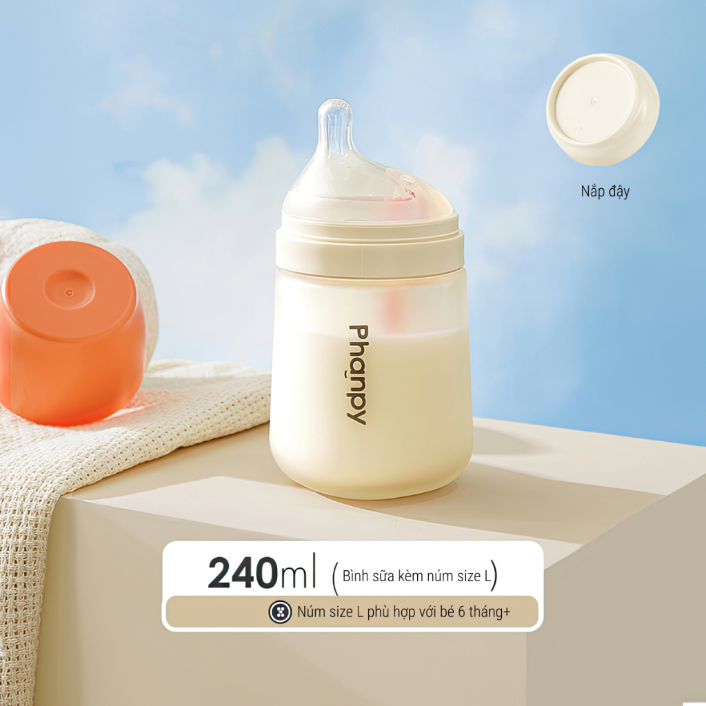 PHANPY | Bình Sữa Thủy Tinh Chống Đầy Hơi Bọc Silicone Dung Tích 160ml - 240ml