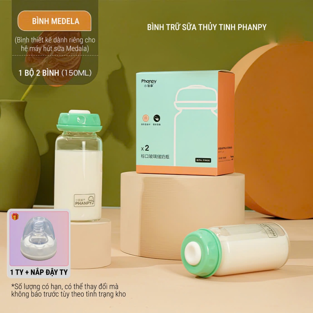 PHANPY | Bình Trữ Sữa Thủy Tinh Cao Cấp [Mua 1 Bộ Bình Tặng Ty, 1 Bộ Gồm 2 Bình Tiện Dụng]