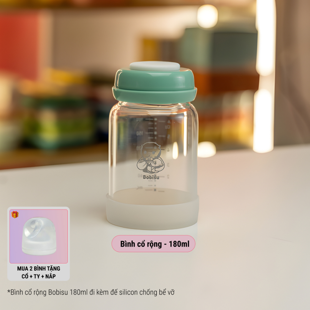 BOBISU | Bình Thủy Tinh Trữ Sữa Cho Bé Dung Tích 150ml-180ml [Mua 2 Bình Tặng Cổ Trắng, Ty, Nắp Đậy Ty]