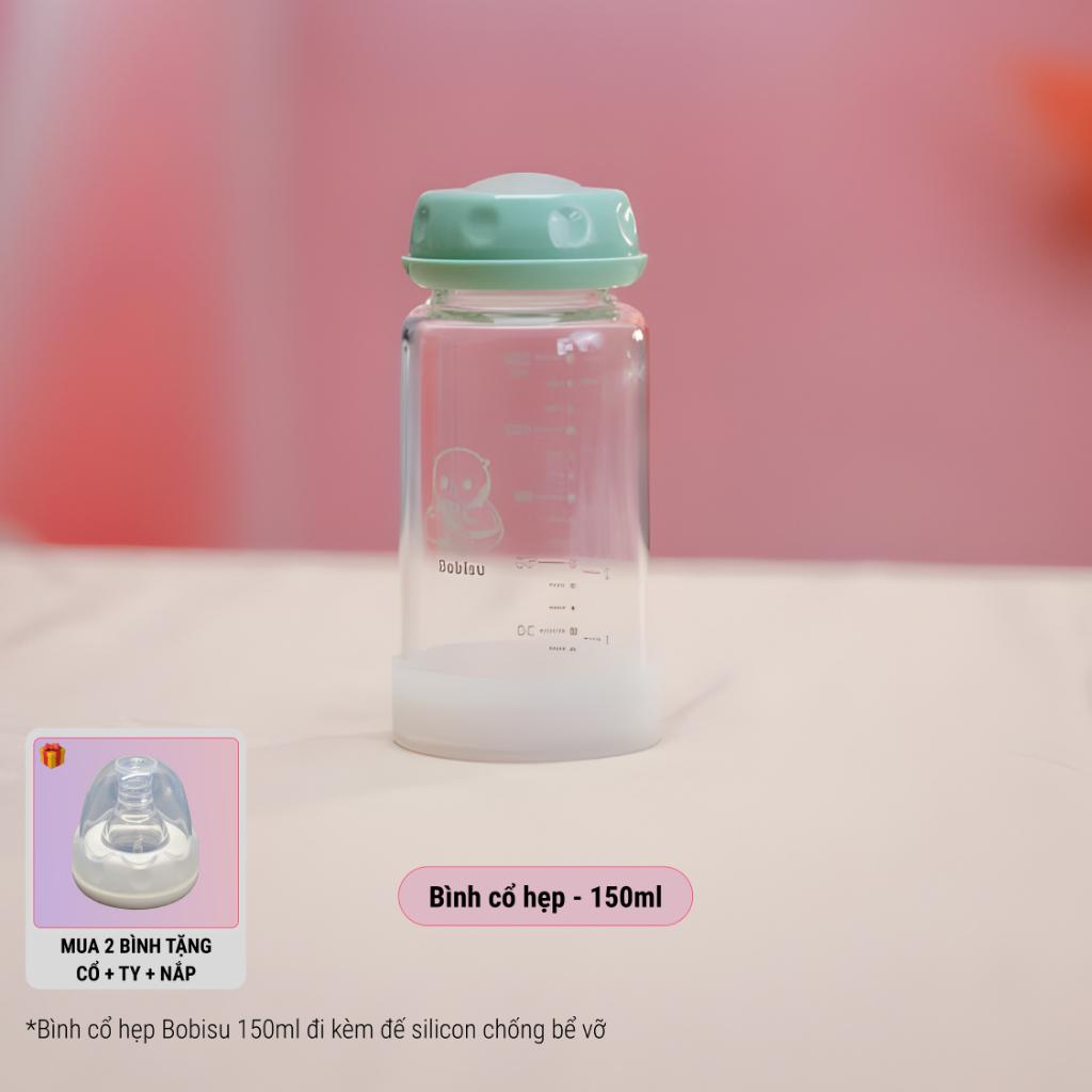 BOBISU | Bình Thủy Tinh Trữ Sữa Cho Bé Dung Tích 150ml-180ml [Mua 2 Bình Tặng Cổ Trắng, Ty, Nắp Đậy Ty]