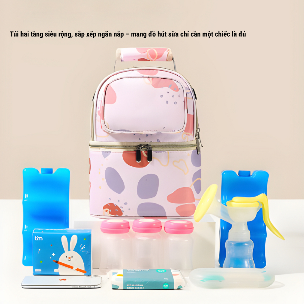 [Combo 4 Món] Túi Xách Giữ Lạnh Sữa Mẹ Cao Cấp Kèm 2 Bình Thủy Tinh 180ml + Khay Gel Giữ Lạnh