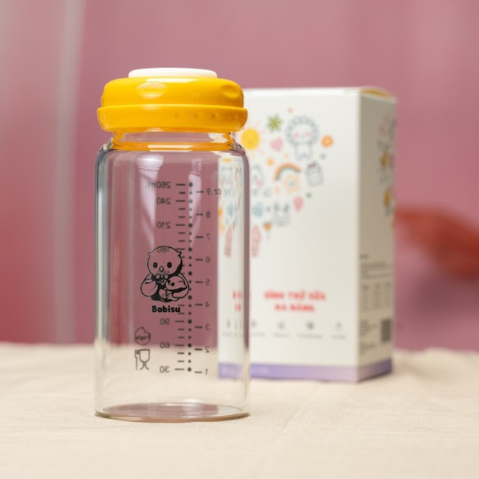 BOBISU | Bình Trữ Sữa Mẹ Cho Bé Làm Từ Thủy Tinh Cao Cấp Dung Tích 260ml [Mua 2 Bình Tặng Cổ Trắng, Ty, Nắp Đậy Ty]