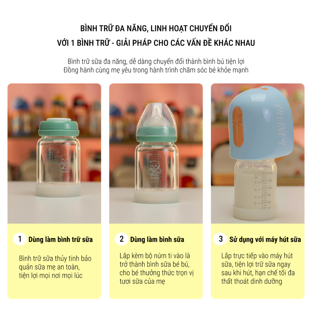 BOBISU | Bình Thủy Tinh Trữ Sữa Cho Bé Dung Tích 150ml-180ml [Mua 2 Bình Tặng Cổ Trắng, Ty, Nắp Đậy Ty]