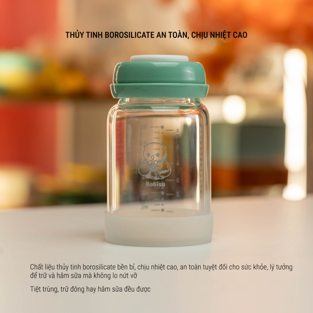 BOBISU | Bình Thủy Tinh Trữ Sữa Cho Bé Dung Tích 150ml-180ml [Mua 2 Bình Tặng Cổ Trắng, Ty, Nắp Đậy Ty]