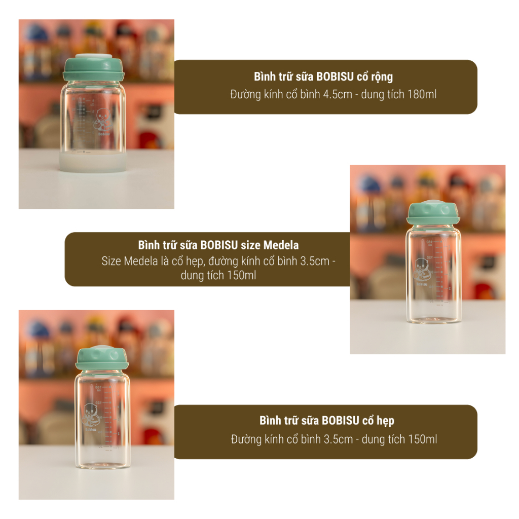 BOBISU | Bình Thủy Tinh Trữ Sữa Cho Bé Dung Tích 150ml-180ml [Mua 2 Bình Tặng Cổ Trắng, Ty, Nắp Đậy Ty]
