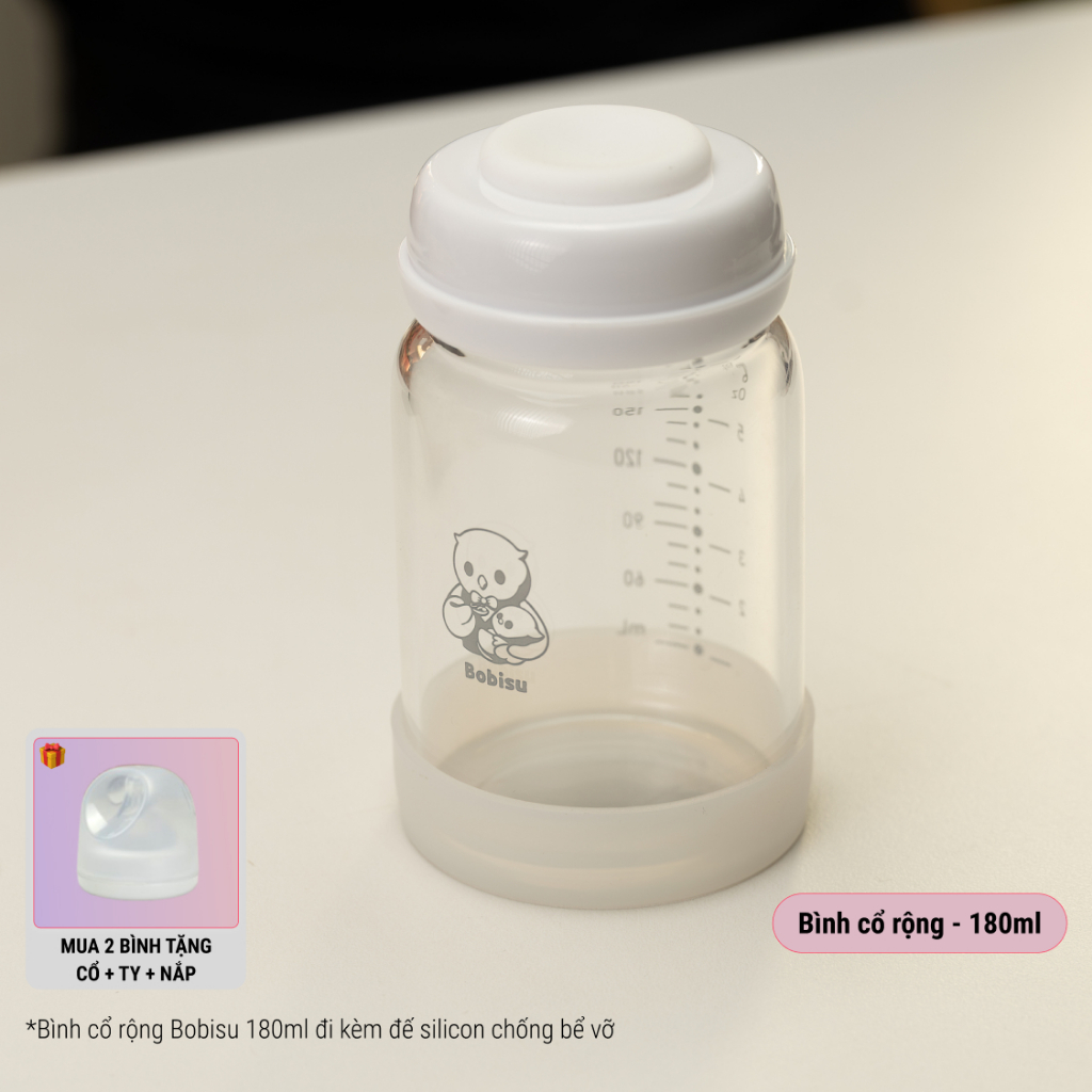BOBISU | Bình Thủy Tinh Trữ Sữa Cho Bé Dung Tích 150ml-180ml [Mua 2 Bình Tặng Cổ Trắng, Ty, Nắp Đậy Ty]