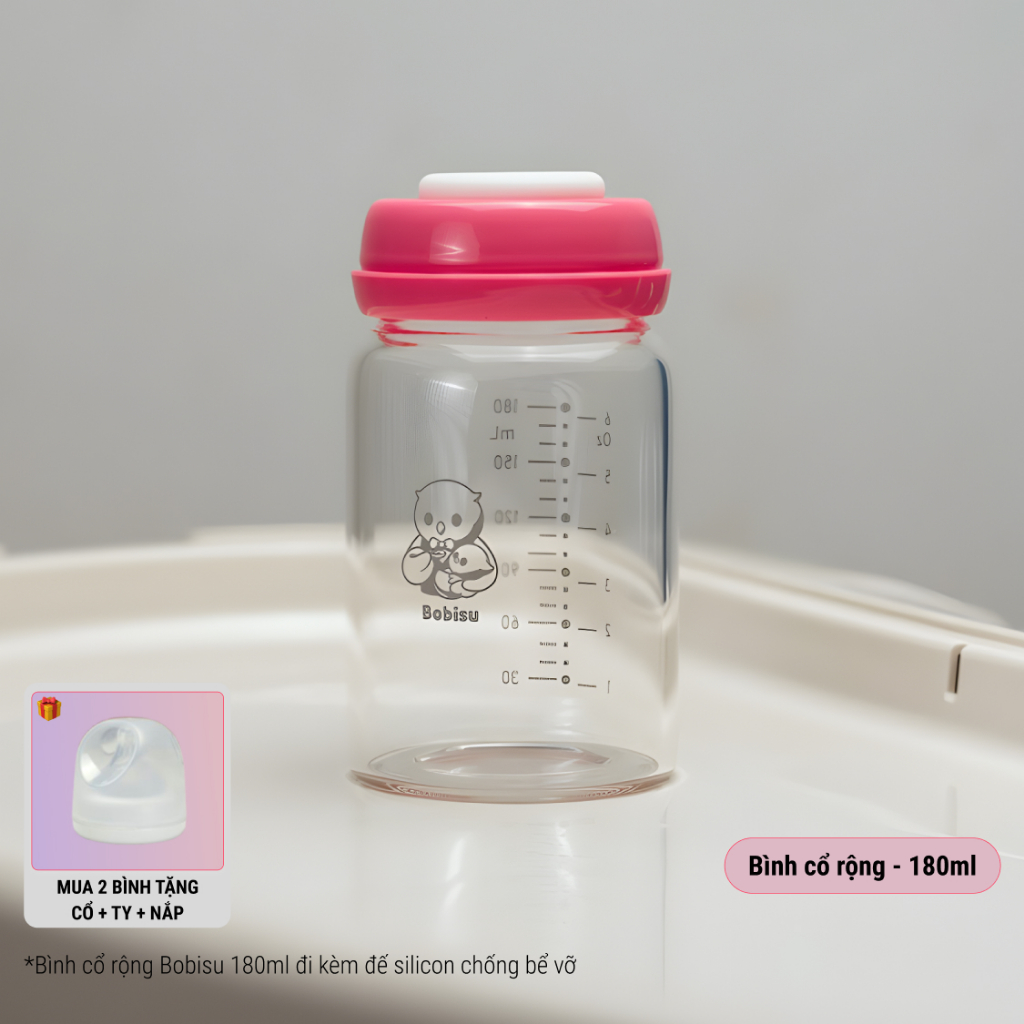 BOBISU | Bình Thủy Tinh Trữ Sữa Cho Bé Dung Tích 150ml-180ml [Mua 2 Bình Tặng Cổ Trắng, Ty, Nắp Đậy Ty]