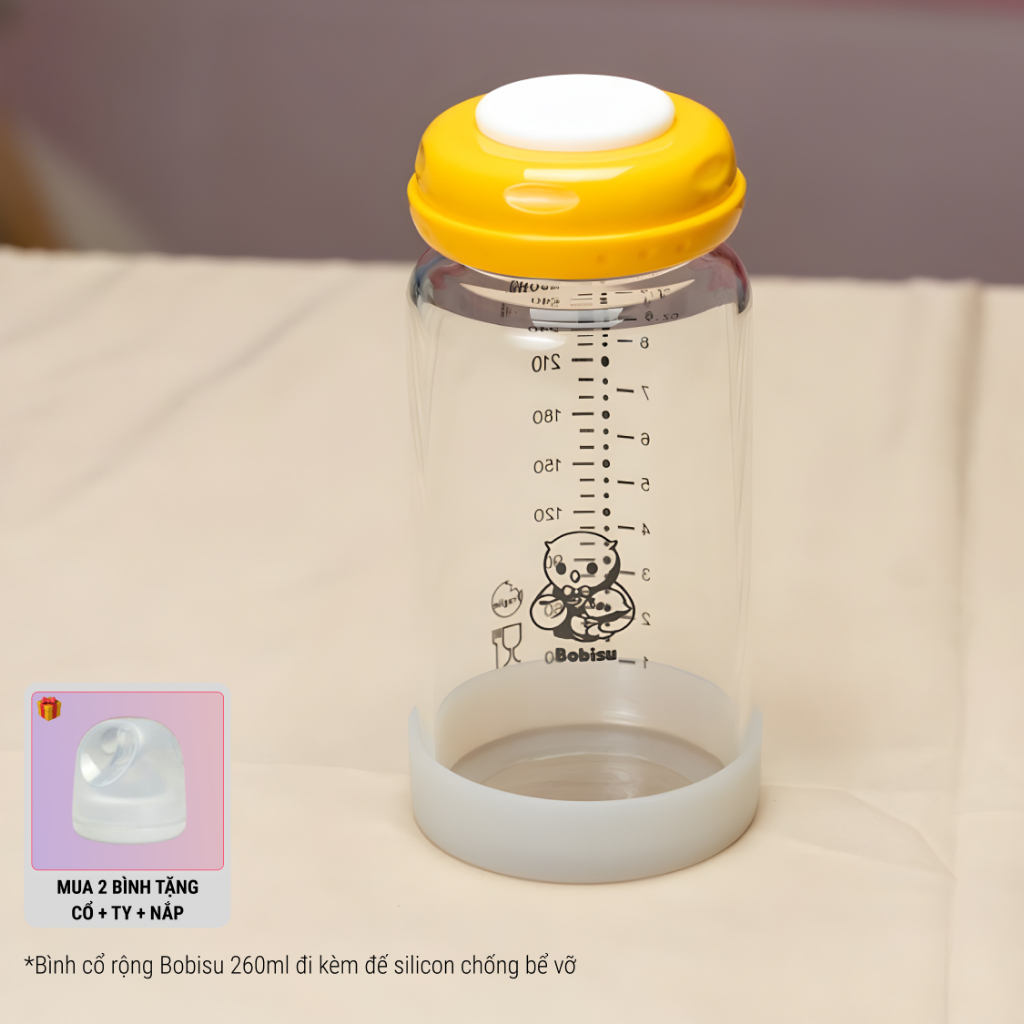 BOBISU | Bình Trữ Sữa Mẹ Cho Bé Làm Từ Thủy Tinh Cao Cấp Dung Tích 260ml [Mua 2 Bình Tặng Cổ Trắng, Ty, Nắp Đậy Ty]