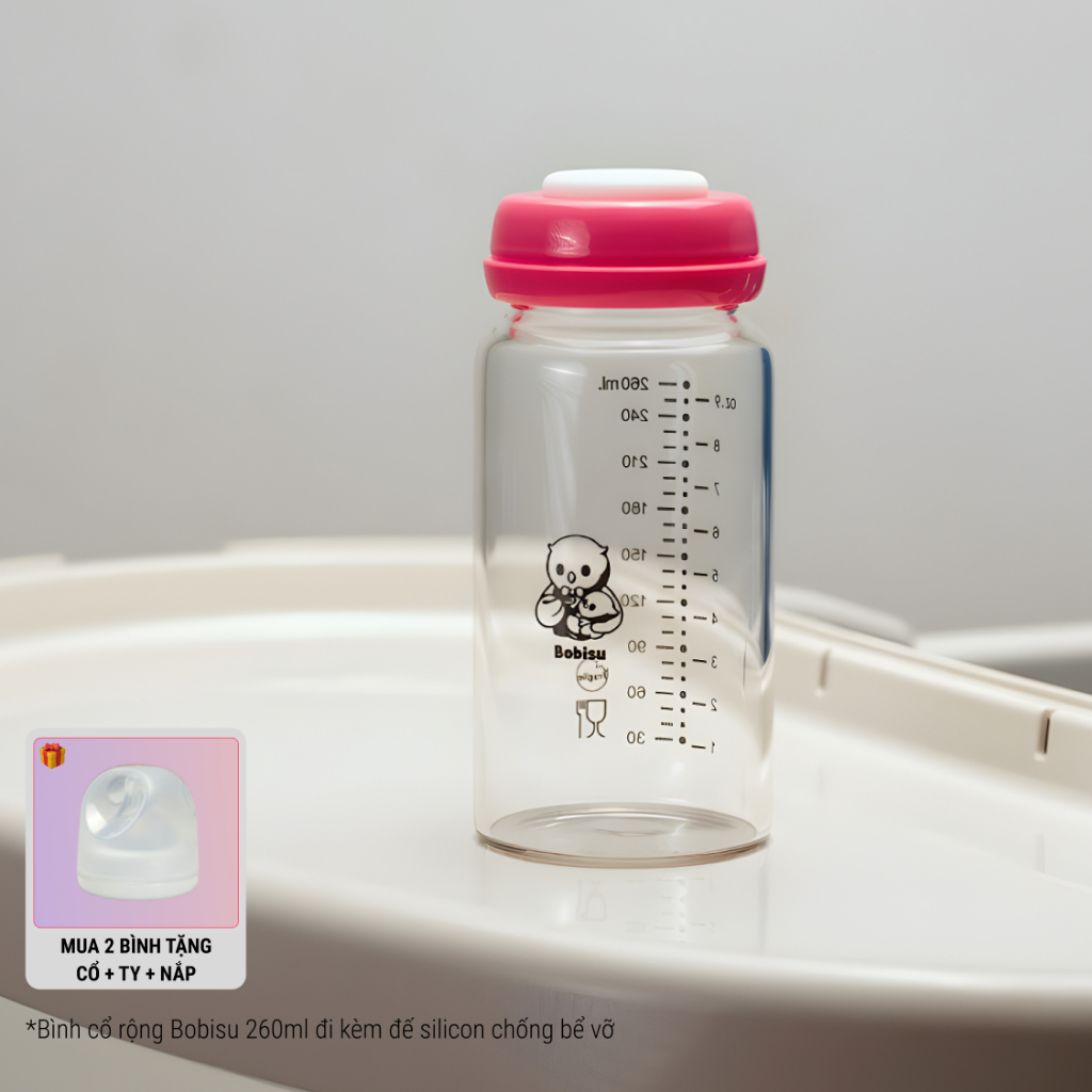 BOBISU | Bình Trữ Sữa Mẹ Cho Bé Làm Từ Thủy Tinh Cao Cấp Dung Tích 260ml [Mua 2 Bình Tặng Cổ Trắng, Ty, Nắp Đậy Ty]