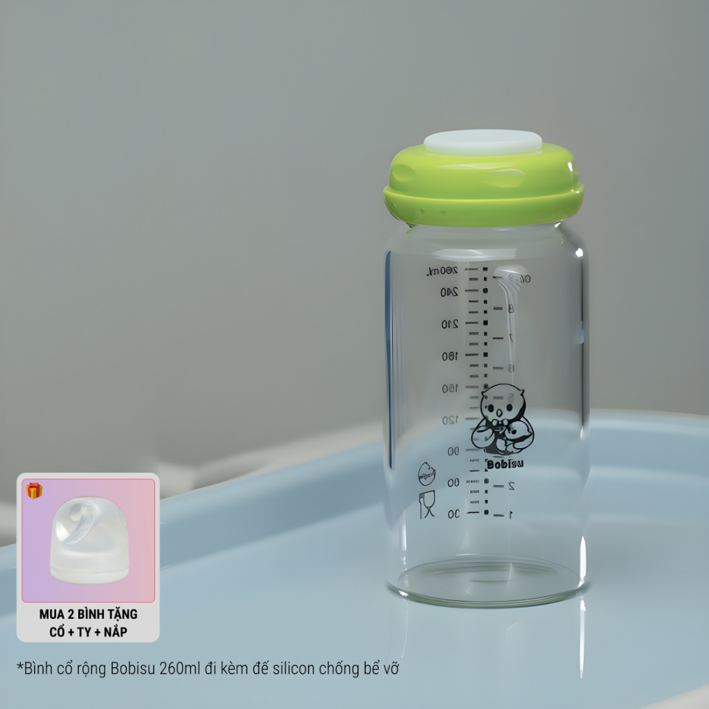 BOBISU | Bình Trữ Sữa Mẹ Cho Bé Làm Từ Thủy Tinh Cao Cấp Dung Tích 260ml [Mua 2 Bình Tặng Cổ Trắng, Ty, Nắp Đậy Ty]