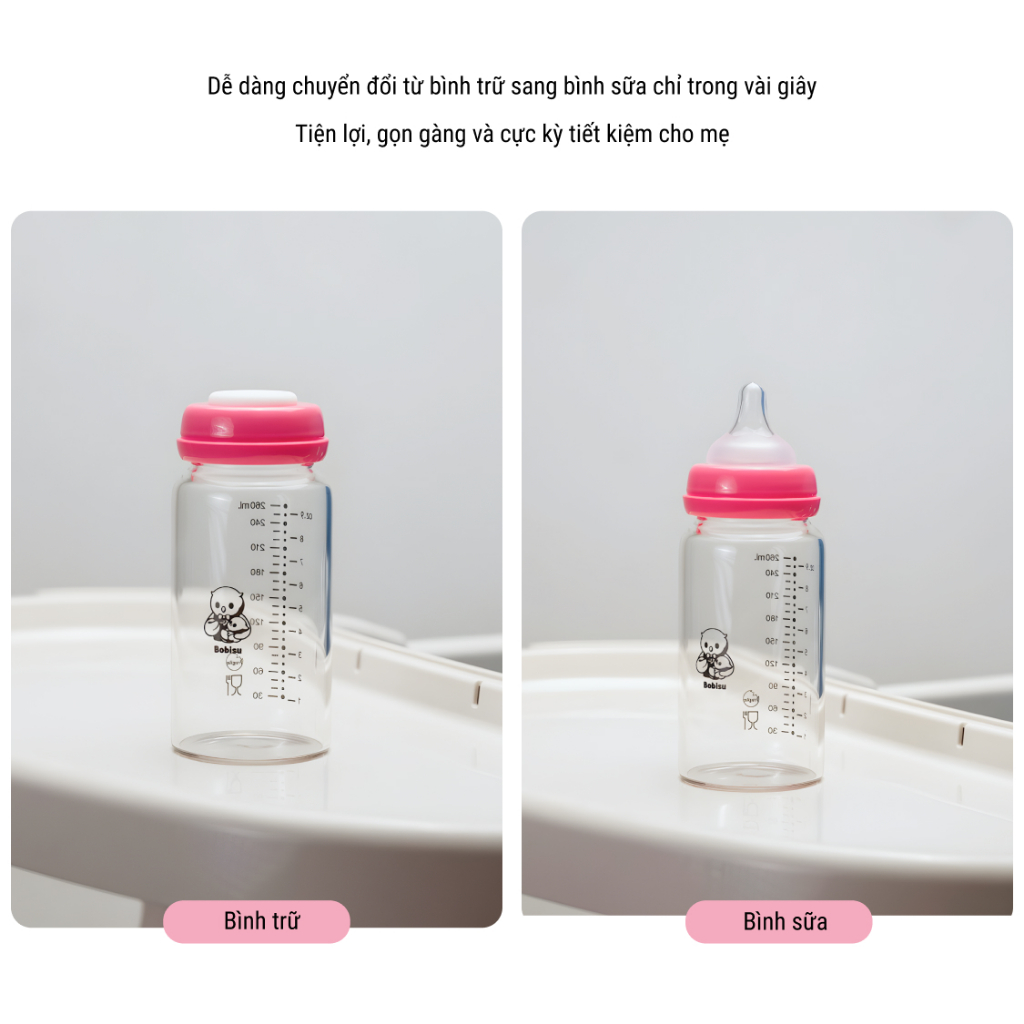 BOBISU | Bình Trữ Sữa Mẹ Cho Bé Làm Từ Thủy Tinh Cao Cấp Dung Tích 260ml [Mua 2 Bình Tặng Cổ Trắng, Ty, Nắp Đậy Ty]