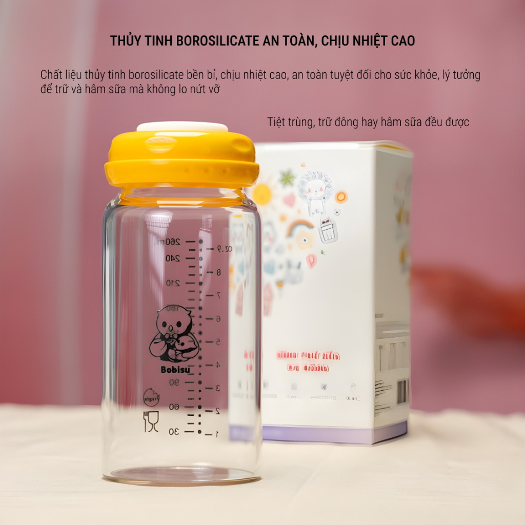 BOBISU | Bình Trữ Sữa Mẹ Cho Bé Làm Từ Thủy Tinh Cao Cấp Dung Tích 260ml [Mua 2 Bình Tặng Cổ Trắng, Ty, Nắp Đậy Ty]