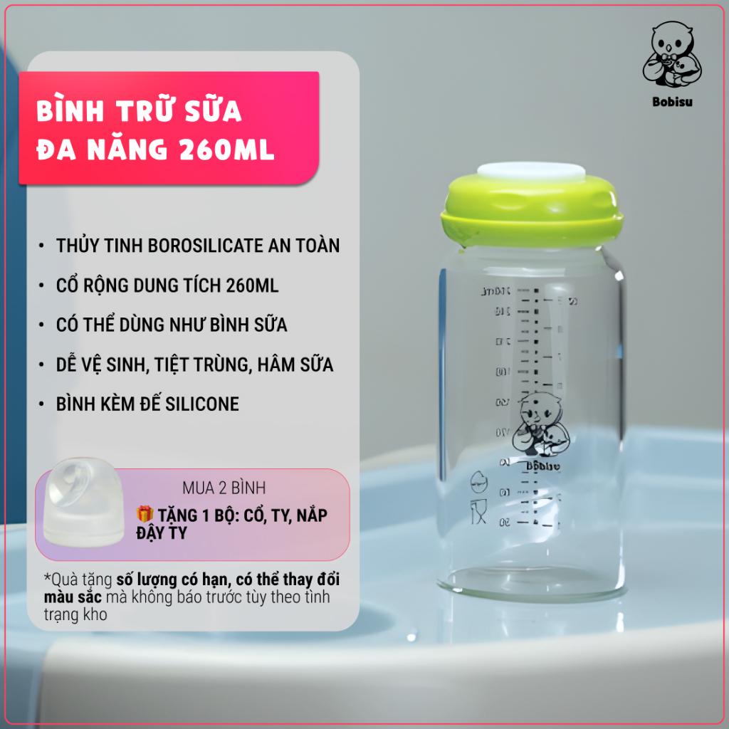 BOBISU | Bình Trữ Sữa Mẹ Cho Bé Làm Từ Thủy Tinh Cao Cấp Dung Tích 260ml [Mua 2 Bình Tặng Cổ Trắng, Ty, Nắp Đậy Ty]