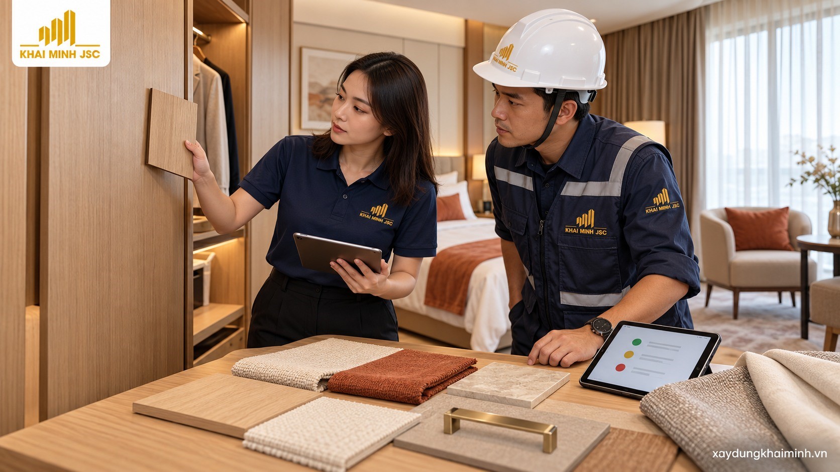 Title: Đối chiếu mẫu vật liệu với bề mặt đã lắp và các vật liệu liền kề. - Description: Nhân sự Khải Minh đối chiếu mẫu gỗ với tủ đã lắp cùng các mẫu vải và vật liệu hoàn thiện.