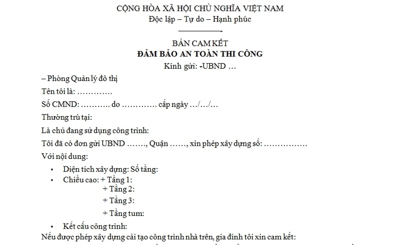 Bản cam kết của chủ đầu tư bảo đảm an toàn đối với công trình liền kề.