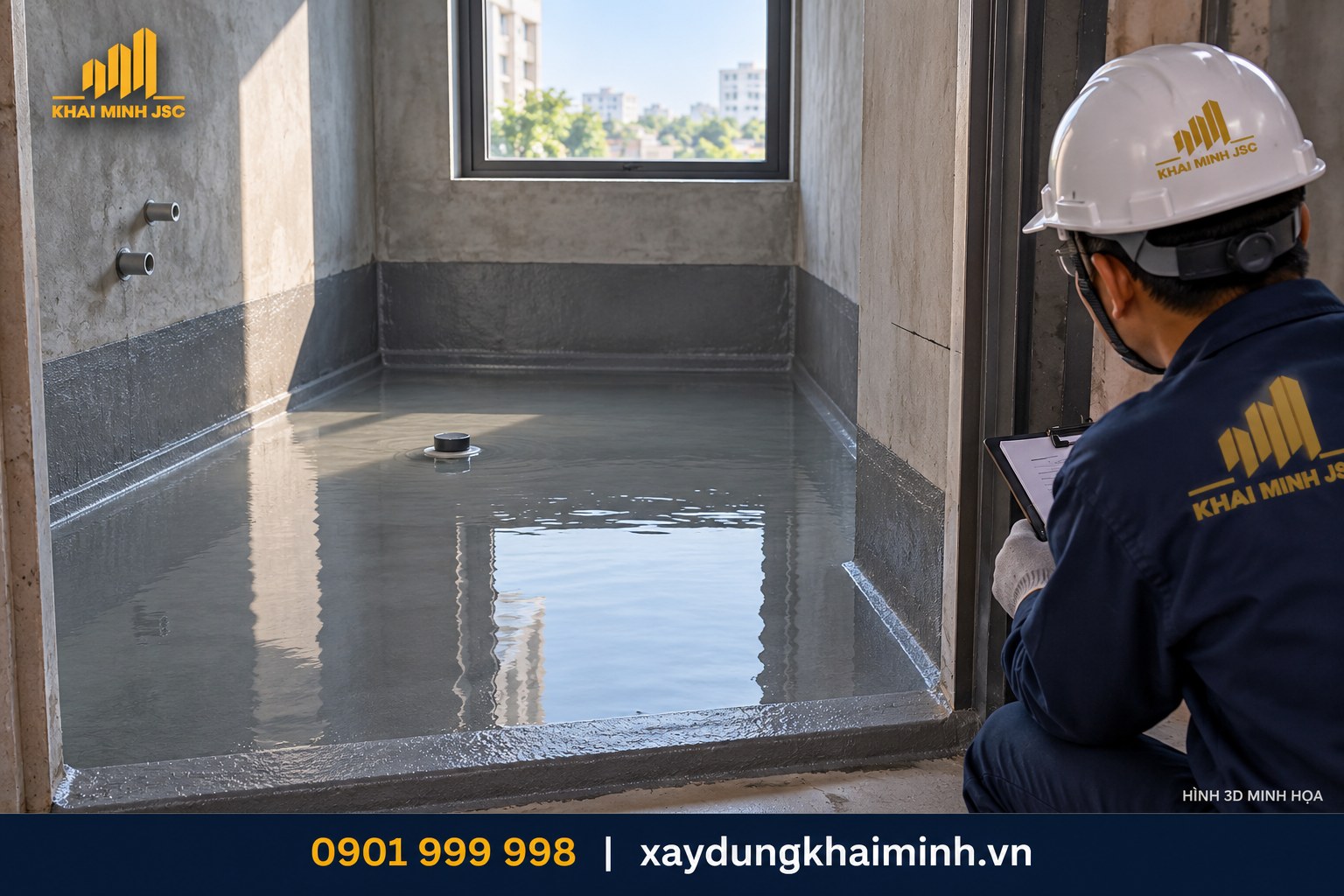 Thử kín sau đóng rắn và lập biên bản trước khi lát gạch — hình 3D minh họa