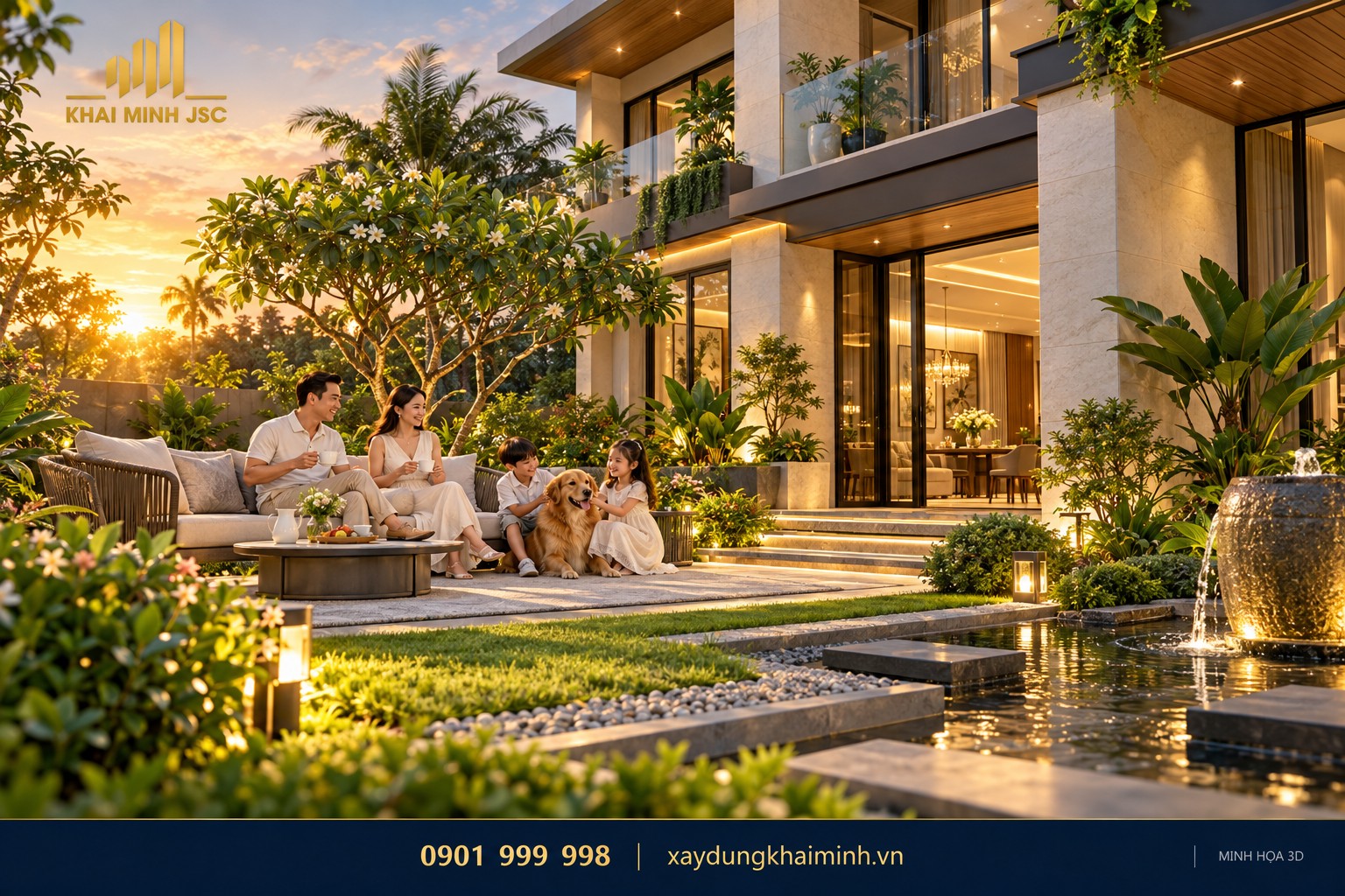 Gia đình thư giãn trong sân vườn biệt thự sạch đẹp và xanh mát