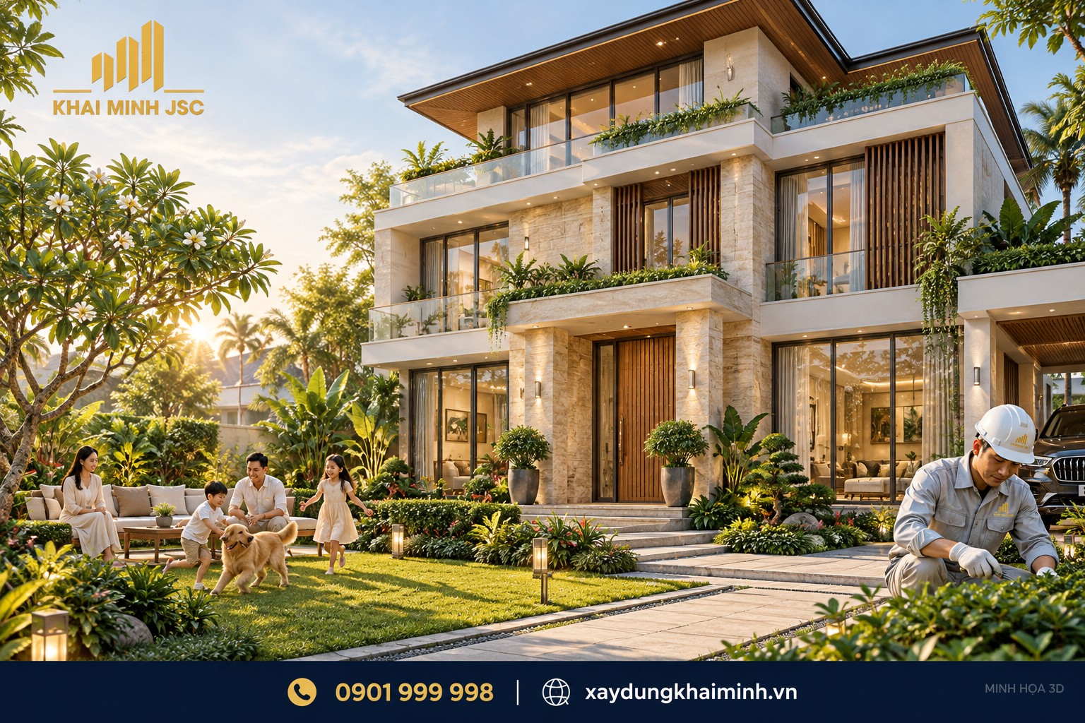 Biệt thự hiện đại với mặt tiền sạch và sân vườn nhiệt đới được chăm sóc gọn gàng
