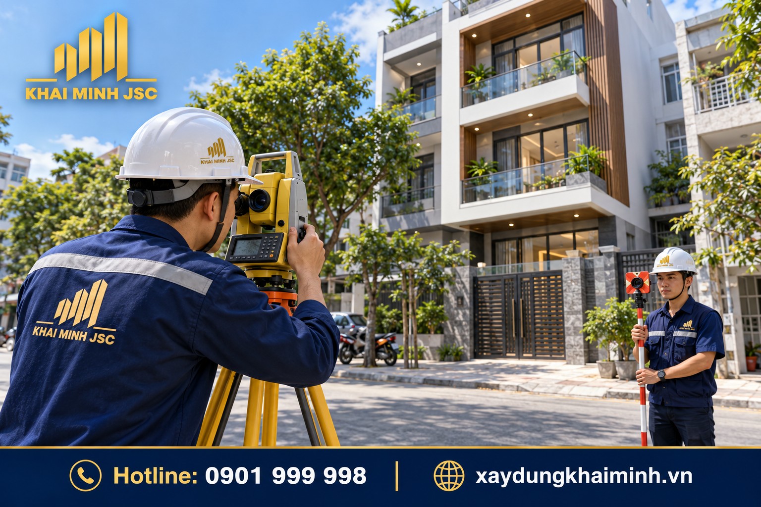 Đo đạc hiện trạng bên ngoài công trình để đối chiếu hồ sơ.