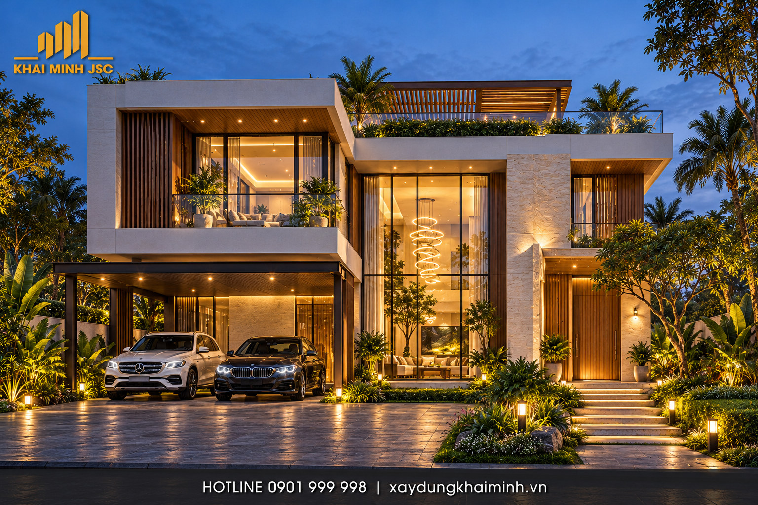 Phối cảnh biệt thự mái bằng Khải Minh về đêm